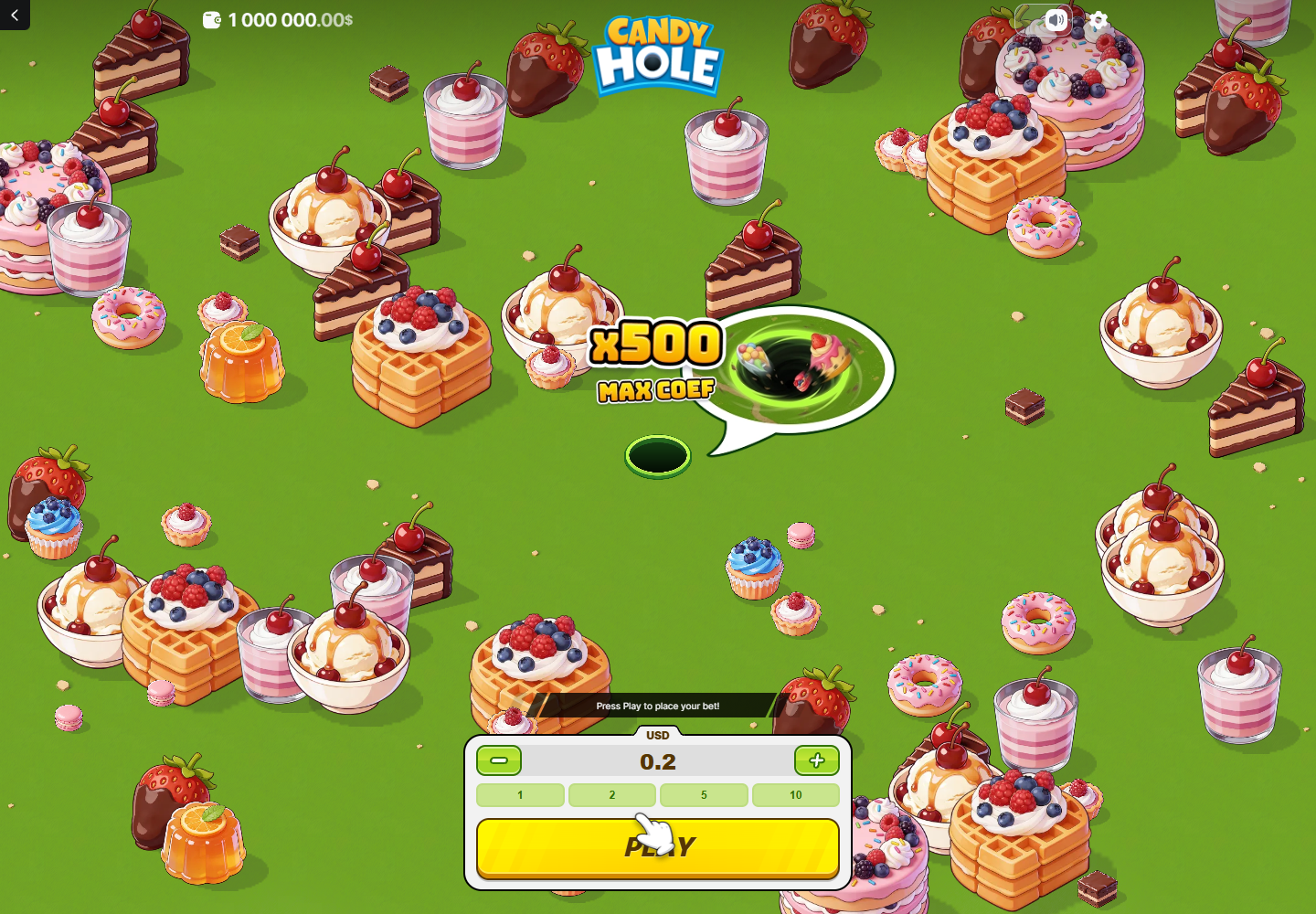 Candy Hole start screen with dessert field x500 maximum coefficient and stake panel
