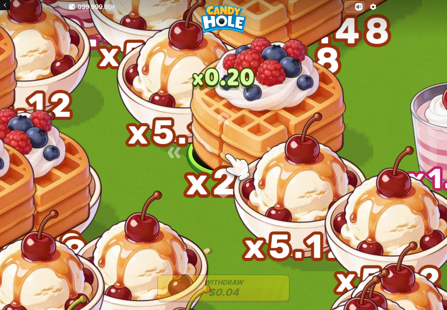 Candy Hole active round with desserts coefficient labels and Withdraw amount