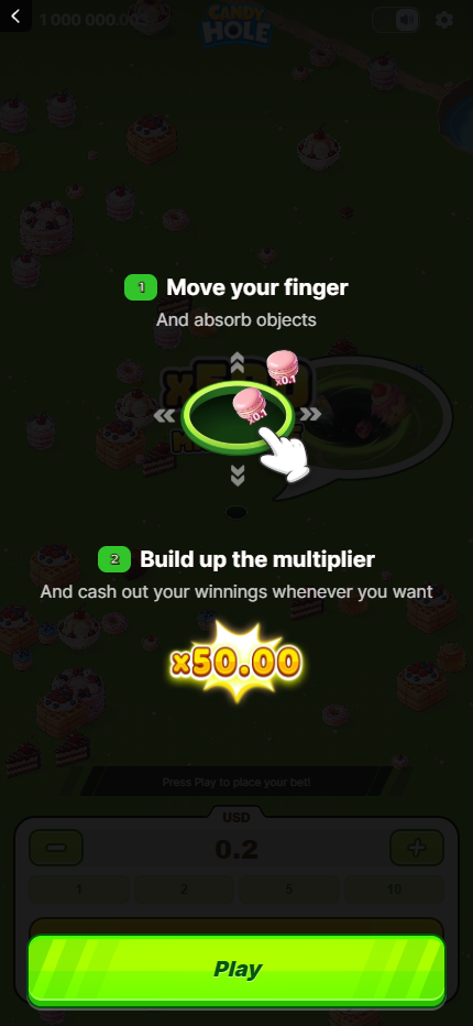 Candy Hole portrait mobile tutorial with finger movement and Play control