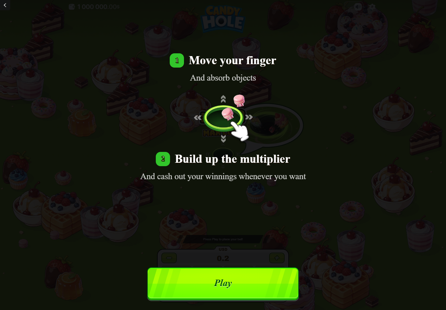Candy Hole tutorial explaining finger movement multiplier growth and cash out